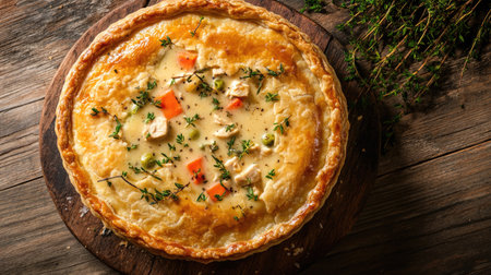 Top view of a savory chicken pot pie with a golden crust, filled with chicken and vegetables, placed on a rustic wooden surface.の素材