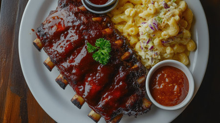 Top view of a plate of roasted pork ribs with a sweet and tangy barbecue sauce, served with a side of creamy mac and cheese and coleslaw.の素材