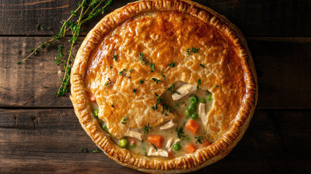 Top view of a savory chicken pot pie with a golden crust, filled with chicken and vegetables, placed on a rustic wooden surface.の素材