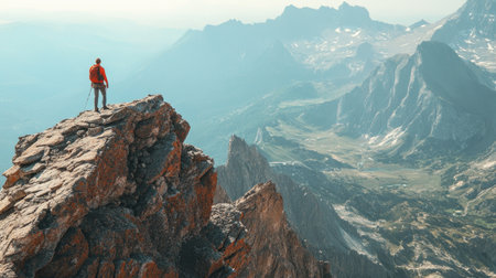 Top view of a rocky mountain summit, with a hiker standing on the edge, looking over a vast expanse of wilderness below.の素材
