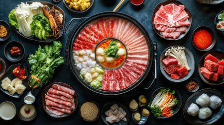 Top view of a Shabu-Shabu dining setup with a hot pot in the center, surrounded by bowls of sliced meats, vegetables, and dipping sauces.の素材