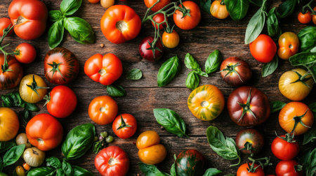 Top view of a rustic wooden table filled with various types of tomatoes: cherry, heirloom, and vine tomatoes, scattered around with basil leaves.の素材