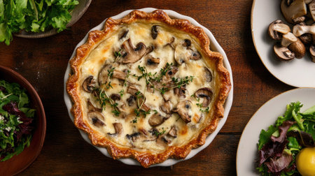 Top view of a savory mushroom pie with a golden crust and mushrooms visible, served on a wooden table with a side of salad.の素材