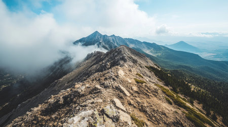 Top view of a rugged mountain summit with a vast empty sky above for copy space, creating a powerful backdrop for inspirational messages.の素材