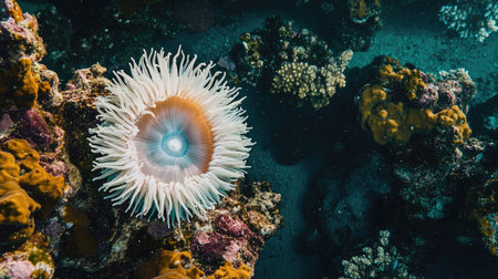 Top view of a sea anemone on a coral reef, with a clean area around it providing plenty of room for copy or branding.の素材
