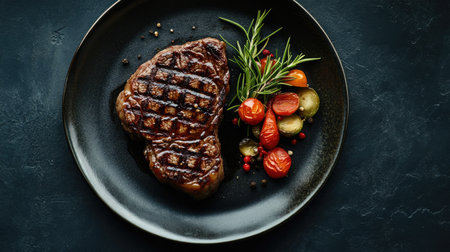 Top view of a seared steak with grill marks on a dark plate, served with vegetables, leaving open space for text around the dish.の素材