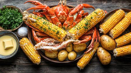 Top view of a seafood boil with crab legs, corn on the cob, and potatoes, arranged on a rustic table with a side of melted butter.の素材