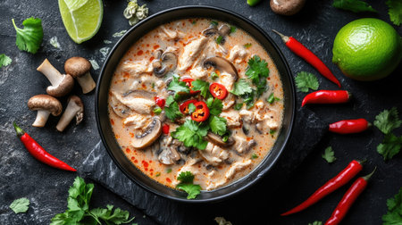 Top view of a steamy bowl of Thai tom kha soup with chicken, mushrooms, and fresh cilantro, surrounded by chili peppers and lime.の素材
