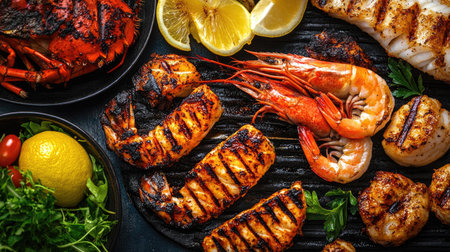 Top view of a seafood barbecue with grilled shrimp, lobster, and fish fillets, served with lemon wedges and a side of salad.の素材