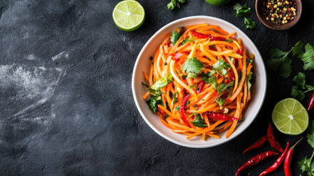 Top view of a spicy papaya salad in a white bowl, garnished with lime and chili, with plenty of space around for copy placement.の素材