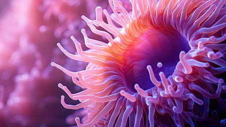 Top view of a sea anemone with its tentacles extended, with a generous amount of empty space around it for promotional text or branding.の素材