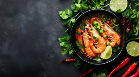 Top view of a steaming bowl of Tom Yum Goong with prawns, surrounded by fresh herbs, chili, lemongrass, and lime wedges.の素材