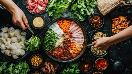 Top view of a Shabu-Shabu hot pot surrounded by an assortment of fresh ingredients, including leafy greens and thinly sliced meats.の素材
