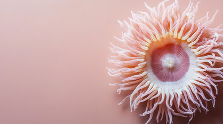 Top view of a sea anemone surrounded by a neutral background, creating ample room on the right for adding text or promotional material.の素材