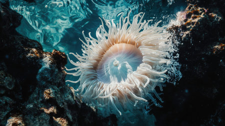 Top view of a sea anemone with a clear water background, leaving a generous amount of space for adding text or branding on the side.の素材