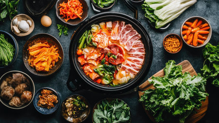 Top view of a Shabu-Shabu hot pot surrounded by an assortment of fresh ingredients, including leafy greens and thinly sliced meats.の素材