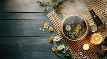 Top view of a steaming bath pot with herbal infusions, surrounded by a bamboo mat, a candle, and essential oils, creating a peaceful spa setting.の素材
