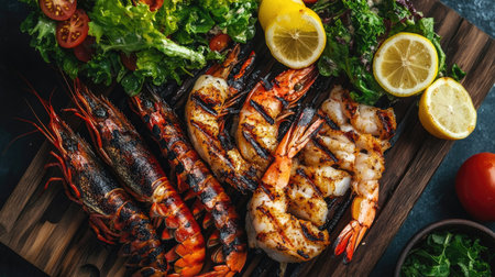 Top view of a seafood barbecue with grilled shrimp, lobster, and fish fillets, served with lemon wedges and a side of salad.の素材
