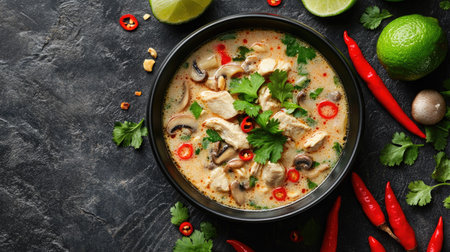 Top view of a steamy bowl of Thai tom kha soup with chicken, mushrooms, and fresh cilantro, surrounded by chili peppers and lime.の素材