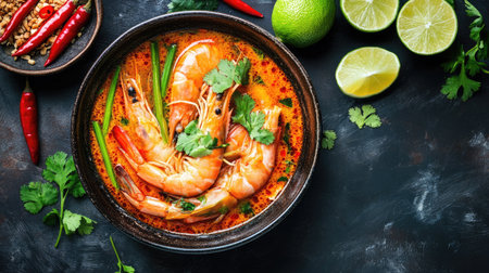 Top view of a steaming bowl of Tom Yum Goong with prawns, surrounded by fresh herbs, chili, lemongrass, and lime wedges.の素材