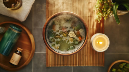 Top view of a steaming bath pot with herbal infusions, surrounded by a bamboo mat, a candle, and essential oils, creating a peaceful spa setting.の素材