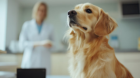 Dog sitting on an exam table, looking up at the veterinarian, with plenty of copy space on the left side.の素材