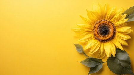 Flat lay of a sunflower with plenty of open space around it, perfect for adding text or product information.の素材