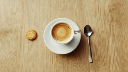 Top view of a classic espresso and water pairing on a wooden table, with a small cookie and a spoon beside it, creating a minimalist aesthetic.の素材