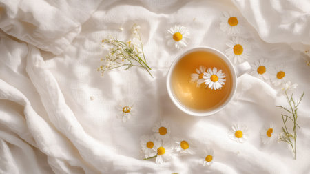 Flat lay of a cup of chamomile tea with a sprig of fresh chamomile flowers, placed on a white linen tablecloth with scattered petals.の素材