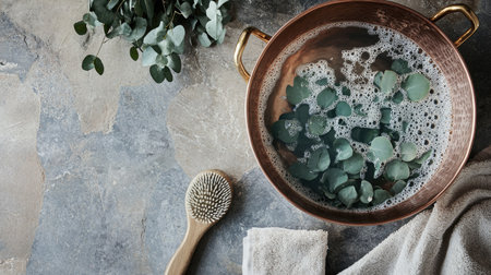Flat lay of a copper bath pot with warm water and eucalyptus leaves, placed on a stone floor with a towel and bath brush nearbyの素材