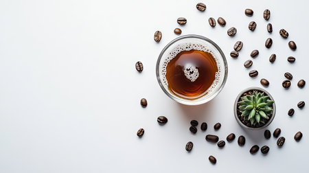 Flat lay of a cold brew coffee with a glass of water, surrounded by coffee beans and a small cactus plant on a white background.の素材