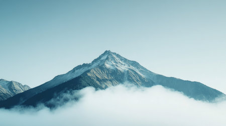 Flat lay of a mountain peak with fog rolling over the valleys, leaving the top half of the image open with clear sky for copy spaceの素材