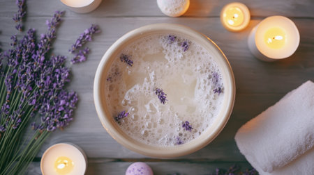 Flat lay of a bath pot with bubbling water and lavender sprigs, placed on a wooden surface with candles and bath bombs scattered around.の素材