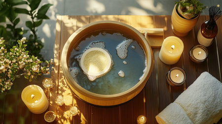 Flat lay of a Japanese-style soaking bath pot filled with hot water and a floating towel, with candles and bath essentials neatly arranged around it.の素材