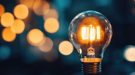 Flat lay of a light bulb with a blurred background, offering ample copy space around it for advertising or branding.の素材