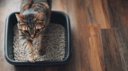 Flat lay of a cat stepping into a litter box, with a large open area beside it for copy, ideal for pet care ads or product promotions.の素材