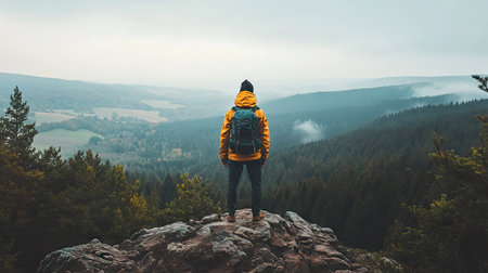 Flat lay of a hiker standing on a rocky mountain top, looking out over a vast valley filled with rolling hills and dense forestsの素材