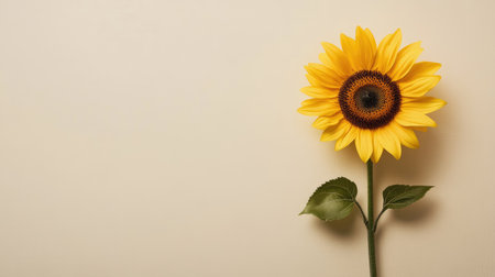Flat lay of a single sunflower with a clean, neutral background, providing ample space around it for text or logos.の素材