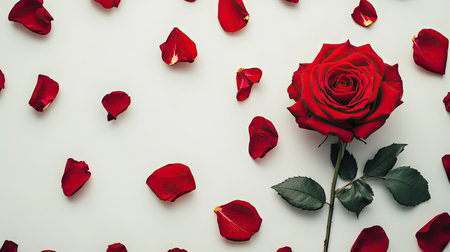 Flat lay of a red rose with its petals elegantly spread out, against a soft background, providing ample space for text or logos.の素材