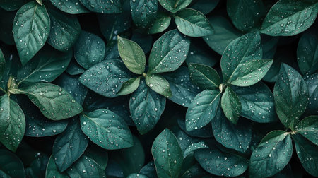 Flat lay of water droplets on lush green leaves, with a soft gradient background offering plenty of space for copy or logos.の素材