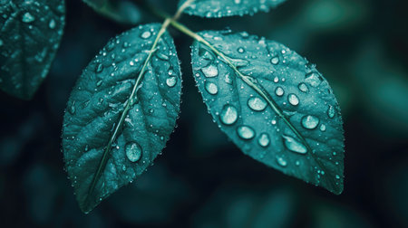 Flat lay of raindrops on a delicate leaf, with a soft-focus background and plenty of room for copy, ideal for nature-themed designs or advertisements. -の素材