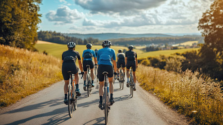 Group of cyclists biking together on a rural road, with open fields and sky for text.の素材