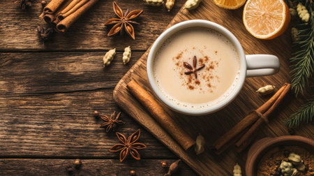 Flat lay of a steaming cup of chai tea, surrounded by cinnamon sticks, star anise, and cardamom pods, creating a cozy, warm feeling.の素材
