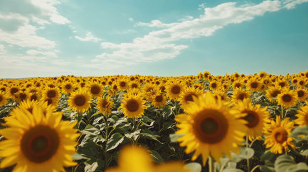 Flat lay of sunflowers with a vast field and a clean background sky, ideal for adding copy or branding at the top.の素材