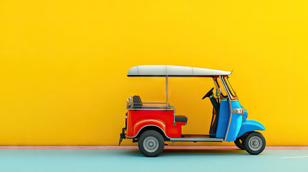 Flat lay of a tuk tuk with a bright, clean background, ideal for adding text or logos around it.の素材
