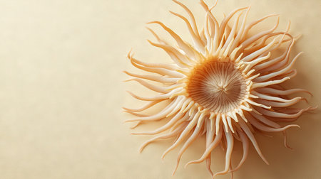 Flat lay of a sea anemone with its tentacles extended, with a neutral background providing ample space for text or product information.の素材