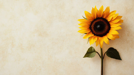 Flat lay of a single sunflower with a neutral background, providing generous space on one side for copy or brandingの素材