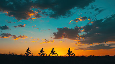 Friends riding bikes in a sunset silhouette, with space in the sky for copyの素材