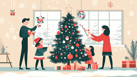Parents and kids decorating a Christmas tree, with room for text above the scene.の素材