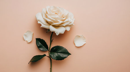 Flat lay of a white rose with its petals elegantly spread out, against a soft background, providing ample space for text or logos.の素材